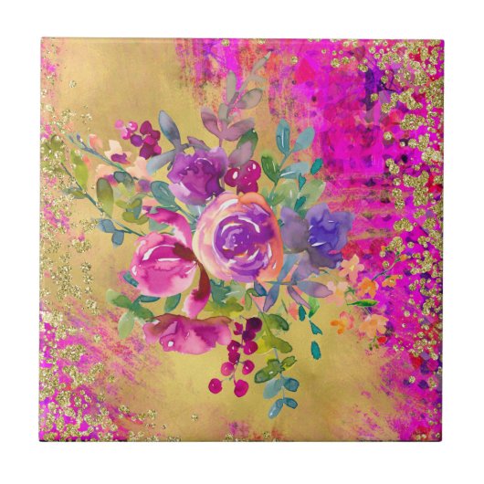 Aquarellfarbene Blume Bouquet auf Himbeerrosa Fliese (Vorderseite)