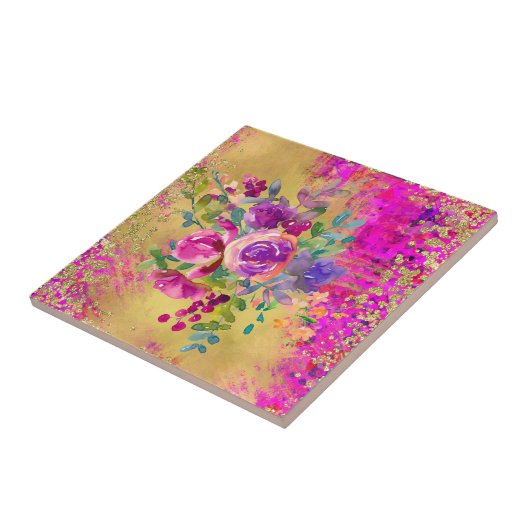 Aquarellfarbene Blume Bouquet auf Himbeerrosa Fliese (Seite)