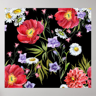 Aquarellfarbene Blume Bouquet: Nahtloses Muster Poster