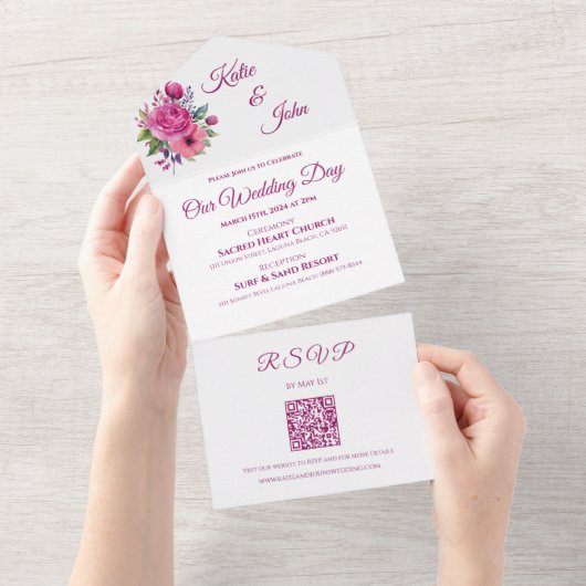 Aquarellfarbene Blume Bouquet-Wedding- All In One Einladung (Abreißen)