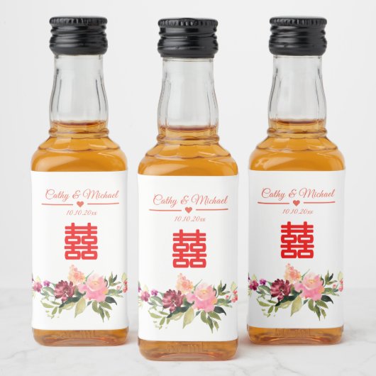 Aquarellfarbene Blume doppeltes Glück chinesische Alkoholflaschenetikett (Flaschen)