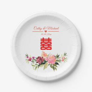 Aquarellfarbene Blume doppeltes Glück chinesische  Pappteller