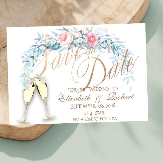 Aquarellfarbene Blume, Dots Weingläser Save the Da Date