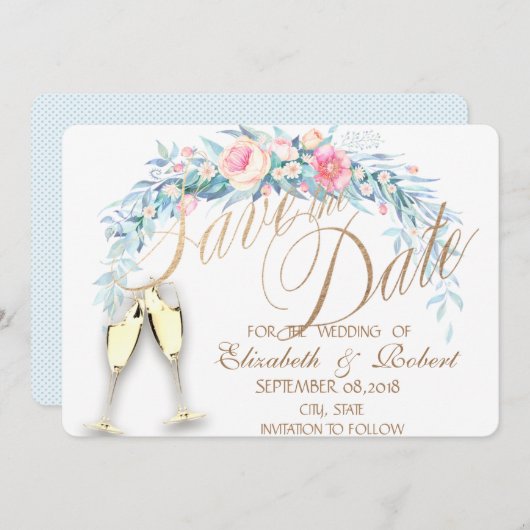 Aquarellfarbene Blume, Dots Weingläser Save the Da Save The Date (Vorne/Hinten)