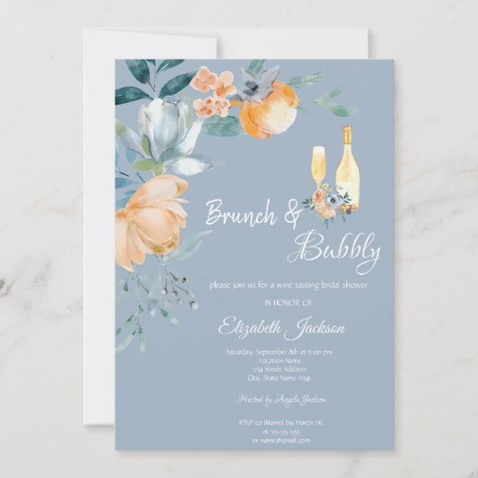 Aquarellfarbene Blume Dusty Blue Brunch & Bubbly Einladung (Vorderseite)