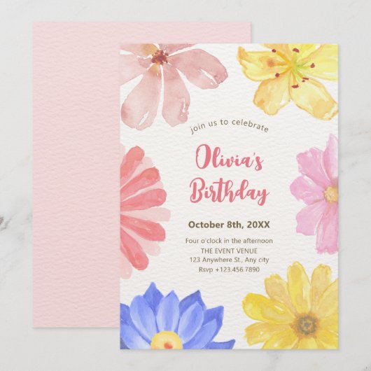 Aquarellfarbene Blume Einladung (Vorne/Hinten)
