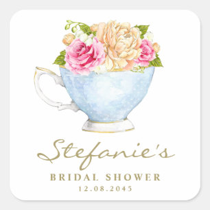 Aquarellfarbene Blume im Teacup-Brautparty Quadratischer Aufkleber