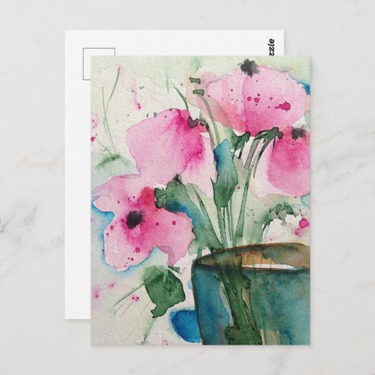 Aquarellfarbene Blume im Vase Postkarte (Vorne/Hinten)
