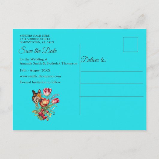 Aquarellfarbene Blume mit Besuch von Schmetterling Ankündigungspostkarte (Rückseite)