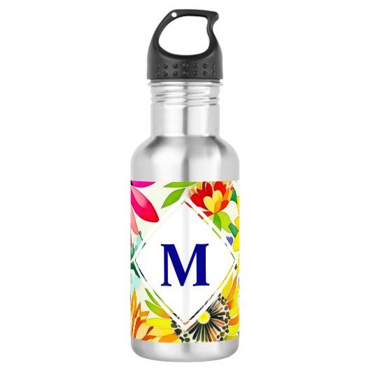 Aquarellfarbene Blume Mit Monogramm Edelstahlflasche (Vorderseite)