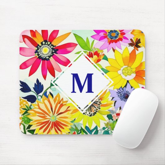 Aquarellfarbene Blume Mit Monogramm Mousepad (Mit Mouse)