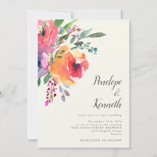 Aquarellfarbene Blume Moderne, elegante Script-Hoc Einladung (Vorderseite)