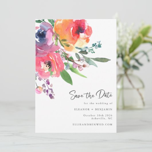 Aquarellfarbene Blume Moderne, elegante Script-Hoc Save The Date (Stehend Vorderseite)