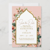 Aquarellfarbene Blume Peach Fruit Gold Save the Da Einladung (Vorderseite)