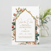 Aquarellfarbene Blume Pfirsichobst Save the Date Einladung (Stehend Vorderseite)