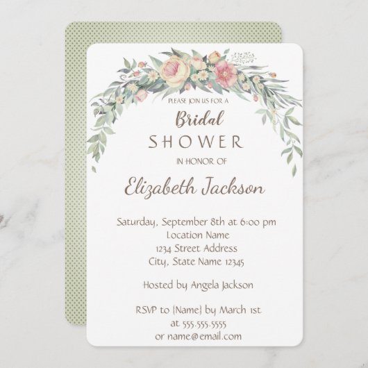 Aquarellfarbene Blume, Polka Dots Brautparty Einladung (Vorne/Hinten)