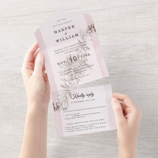 Aquarellfarbene Blume Rosa Hochzeit All In One Einladung (Abreißen)