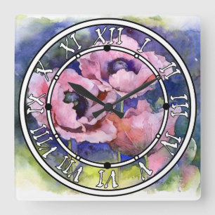 Aquarellfarbene Blume Rosa Mohnblüte Blume Quadratische Wanduhr