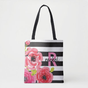 Aquarellfarbene Blume Rosa und Streifen Mit Monogr Tasche