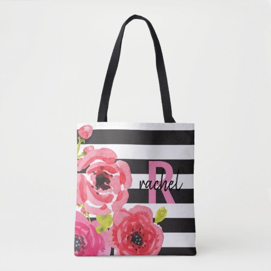 Aquarellfarbene Blume Rosa und Streifen Mit Monogr Tasche (Vorderseite)