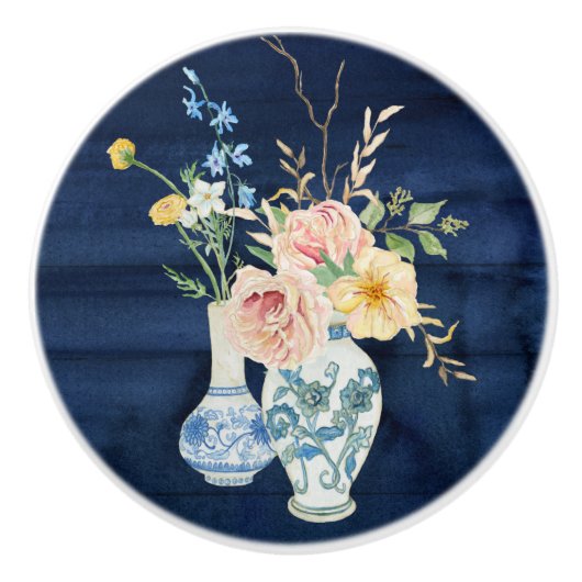 Aquarellfarbene Blume Rosa Vase Blau Holz Keramikknauf (Vorderseite)