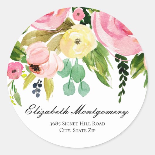 Aquarellfarbene Blume Rücksendeadresse Klassische  Runder Aufkleber (Vorderseite)