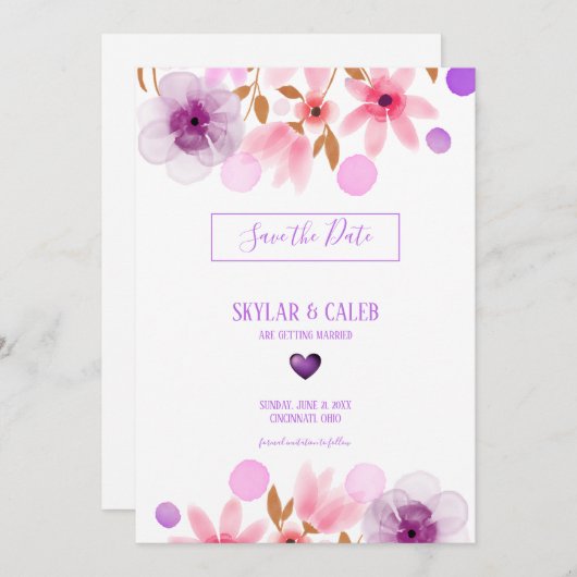 Aquarellfarbene Blume Save The Date (Vorne/Hinten)