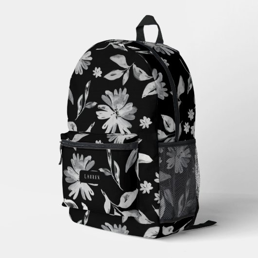 Aquarellfarbene Blume Schwarz-Weiß-Muster Bedruckter Rucksack (Rückseitige Ecke Rechts)