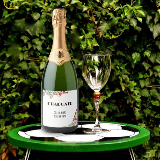 Aquarellfarbene Blume Schwarz-weißer roter Abschlu Schaumweinetikett