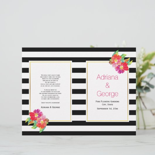 Aquarellfarbene Blume Schwarz-weißes Hochzeitsprog (Stehend Vorderseite)