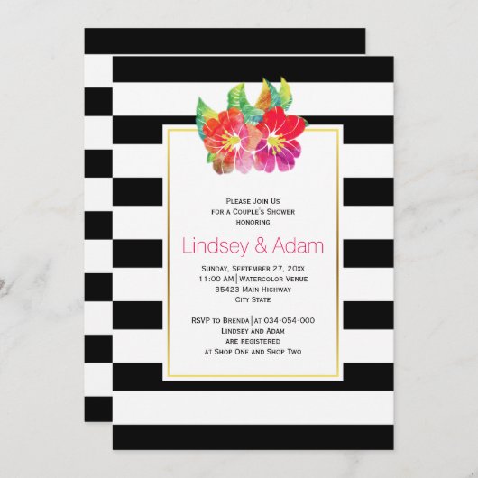 Aquarellfarbene Blume, Streifen Hochzeitspaare Dus Einladung (Vorne/Hinten)