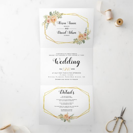 Aquarellfarbene Blume, Typografie Blumenhochzeit Dreifach Gefaltete Einladung (Innenseite)