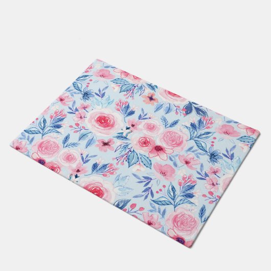 Aquarellfarbene Blume und Blätter 2 Fußmatte (Schrägansicht)