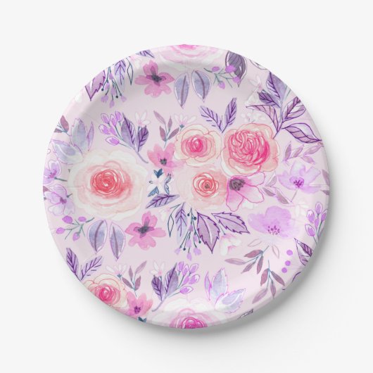 Aquarellfarbene Blume und Blätter 3 Pappteller (Vorderseite)