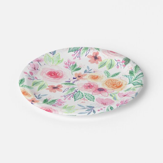 Aquarellfarbene Blume und Blätter Pappteller (Schrägansicht)