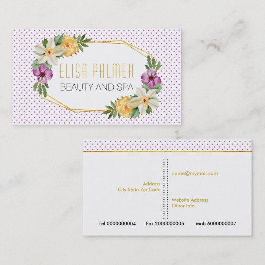 Aquarellfarbene Blume und Goldpolygon Visitenkarte (Vorne/Hinten)