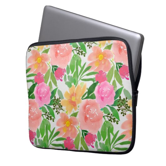 Aquarellfarbene Blume und grüne Blätter Laptopschutzhülle (Vorderseite Links)
