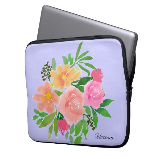 Aquarellfarbene Blume und grüne Blätter Laptopschutzhülle (Vorderseite Links)