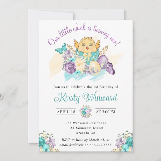 Aquarellfarbene Blume und Niedliche Küken 1. Gebur Einladung (Vorderseite)