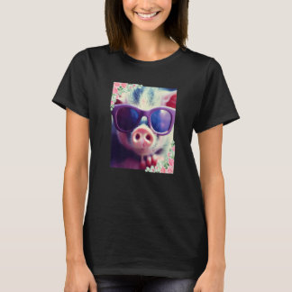 Aquarellfarbene Blume und Schwein mit Sonnenbrille T-Shirt