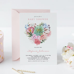 Aquarellfarbene Blume und Sukkulentücher Herz Baby Einladung
