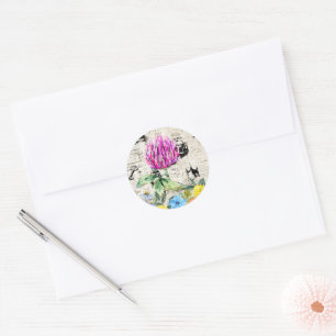 Aquarellfarbene Blume, Wildblumen, Vintage Zeitung Runder Aufkleber