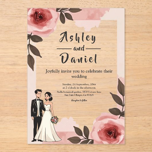 Aquarellfarbene Blumendusty Blush Pink Paare Hochz Acryleinladungen (Vorderseite)