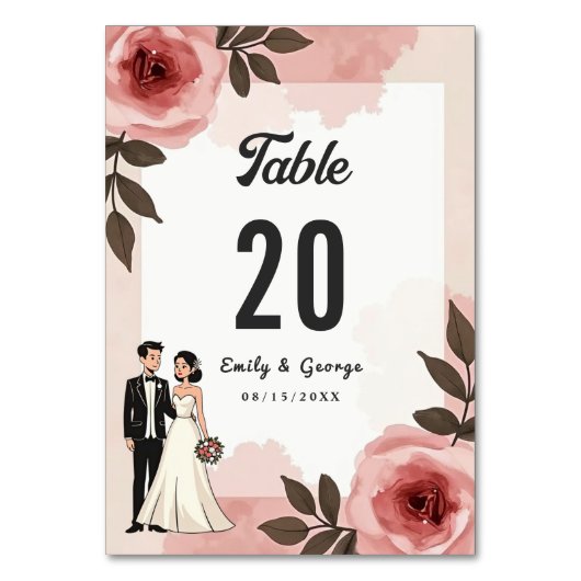 Aquarellfarbene Blumendusty Blush Pink Paare Hochz Tischnummer (Rückseite)