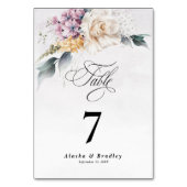 Aquarellfarbene Blumenkalligraphie Moderne Hochzei Tischnummer (Rückseite)