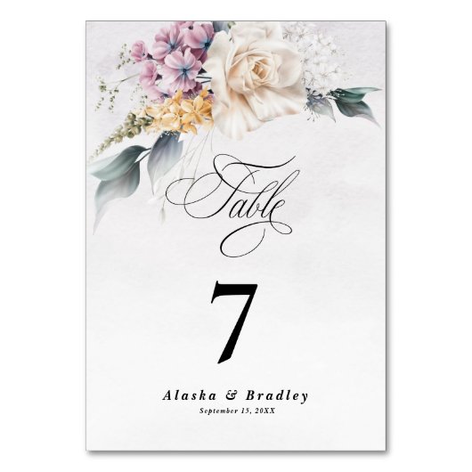 Aquarellfarbene Blumenkalligraphie Moderne Hochzei Tischnummer (Vorderseite)