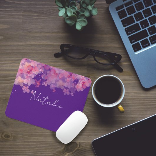 Aquarellfarbene Blumenkoralle lila Name Maus-Pad Mousepad