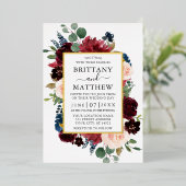 Aquarellfarbene Blumenrahmen Hochzeit Burgund Gold Folieneinladung (Stehend vorne)