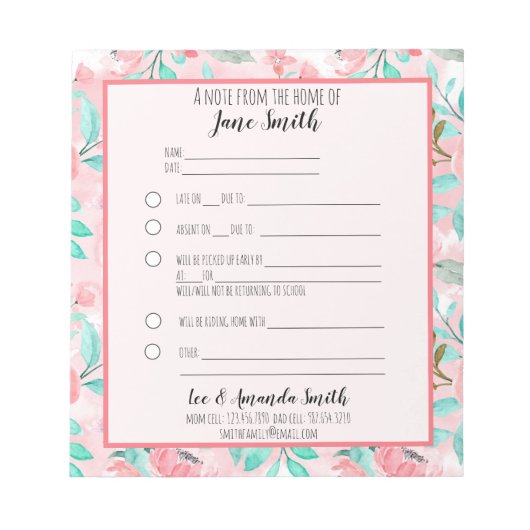 Aquarellfarbene Blumenschule Hinweis 1 Kind Notizblock (Vorderseite)