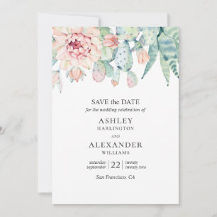 Aquarellfarbene Blumensukkulente. Grüne und blaue  Save The Date